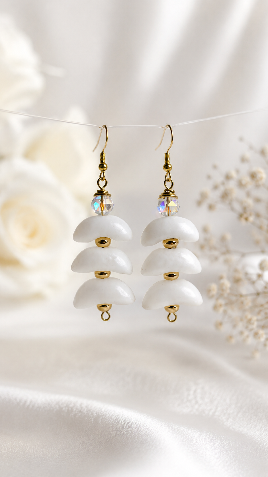 White Earrings - white Krobo beads handmade earrings