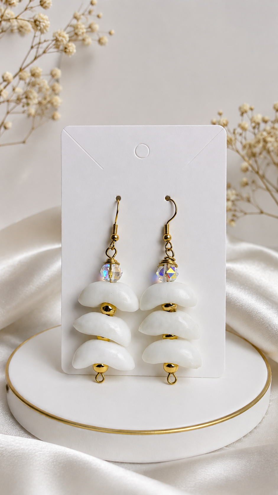 White Earrings - white Krobo beads handmade earrings