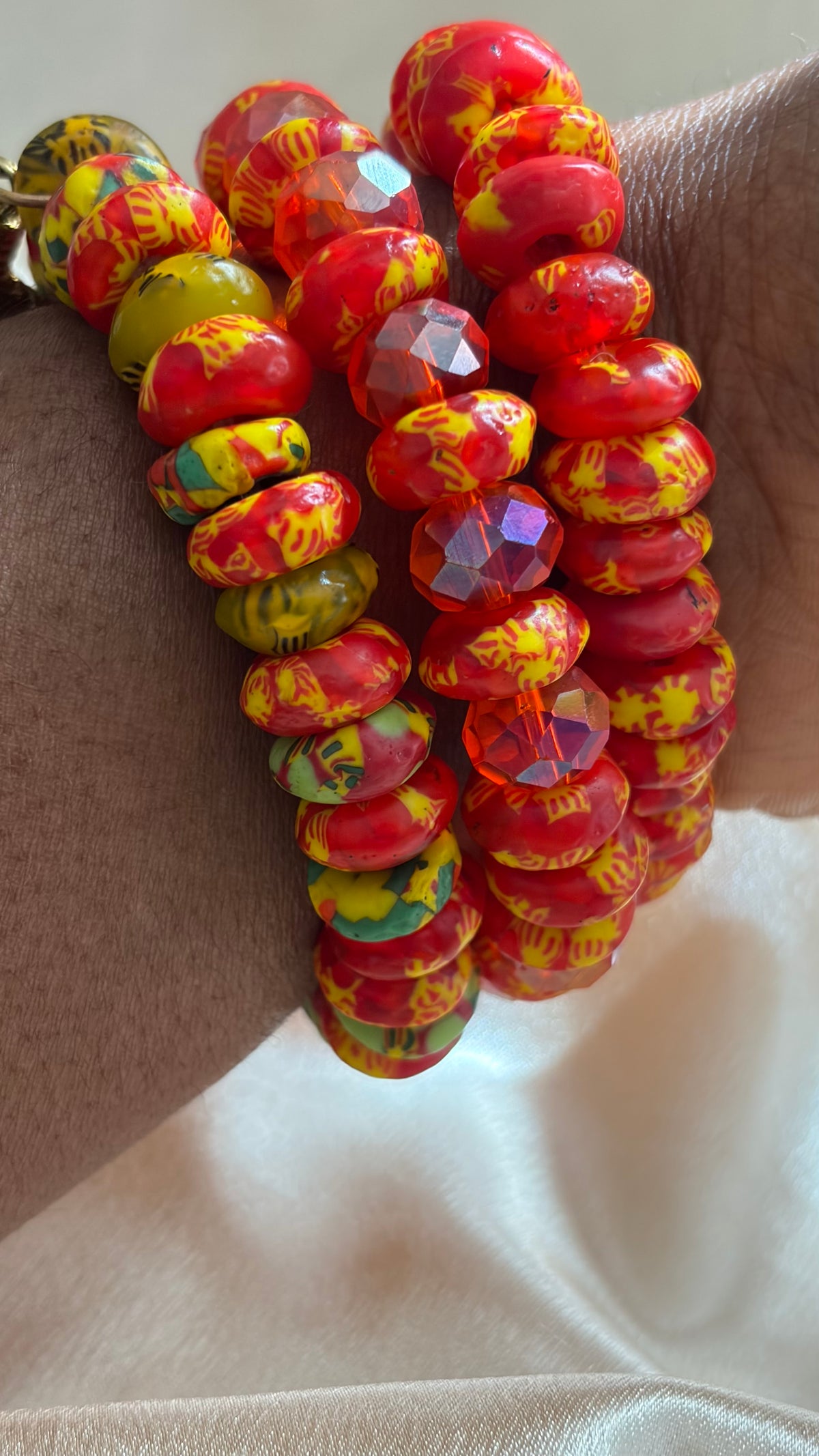 Red, yellow gold Krobo beads handmade bracelet set.