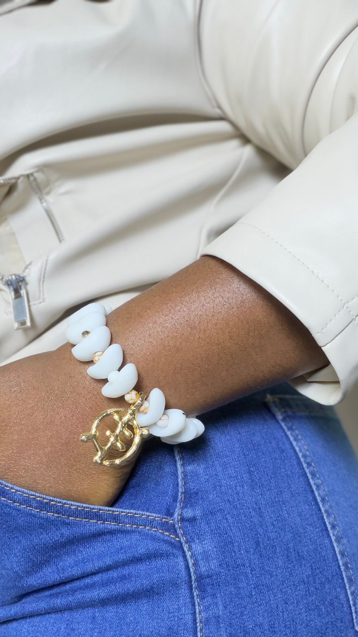 Queen Mother Bracelet - authentic white Krobo beads handmade in Tennessee