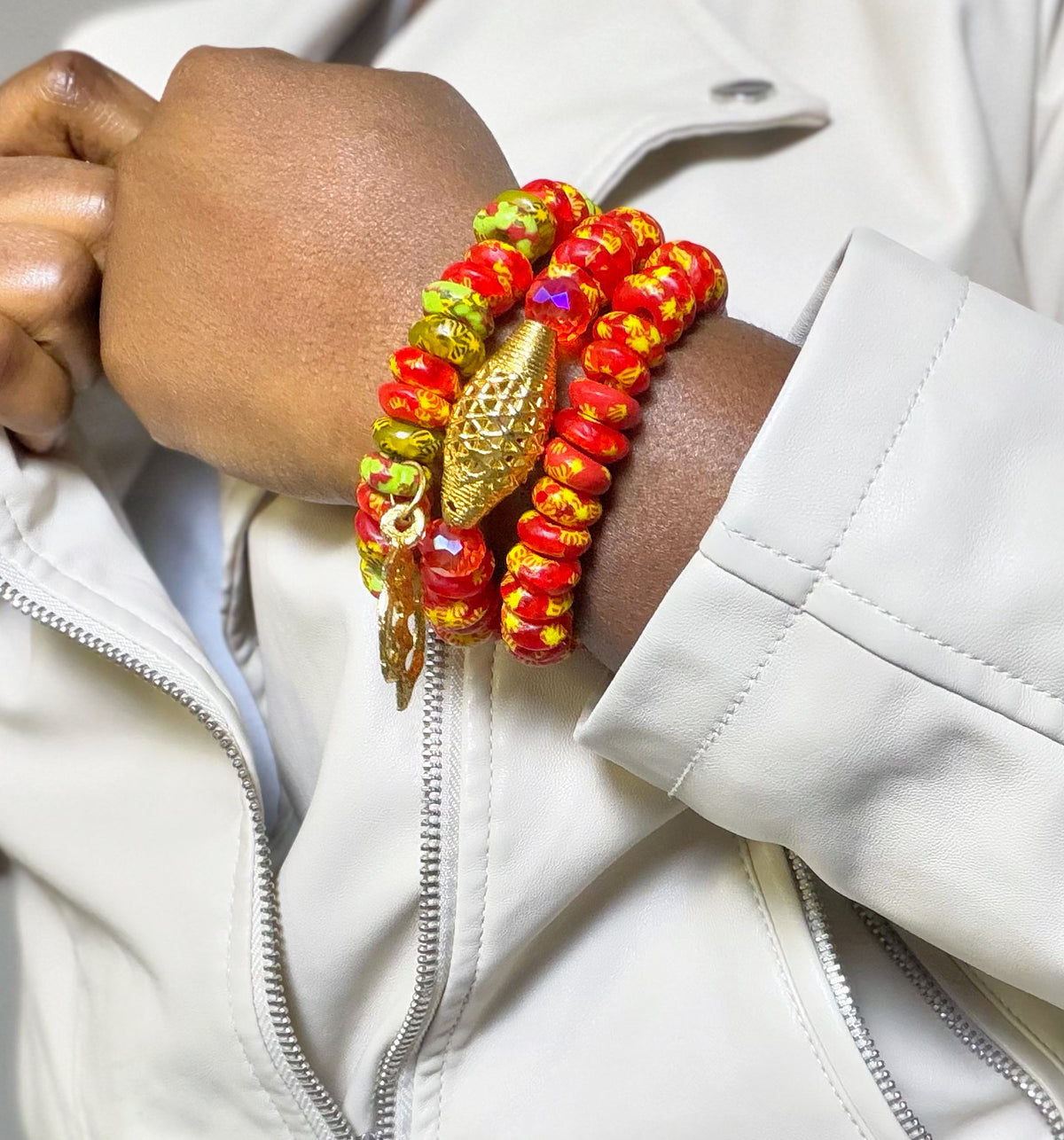 Red, yellow gold Krobo beads handmade bracelet set.