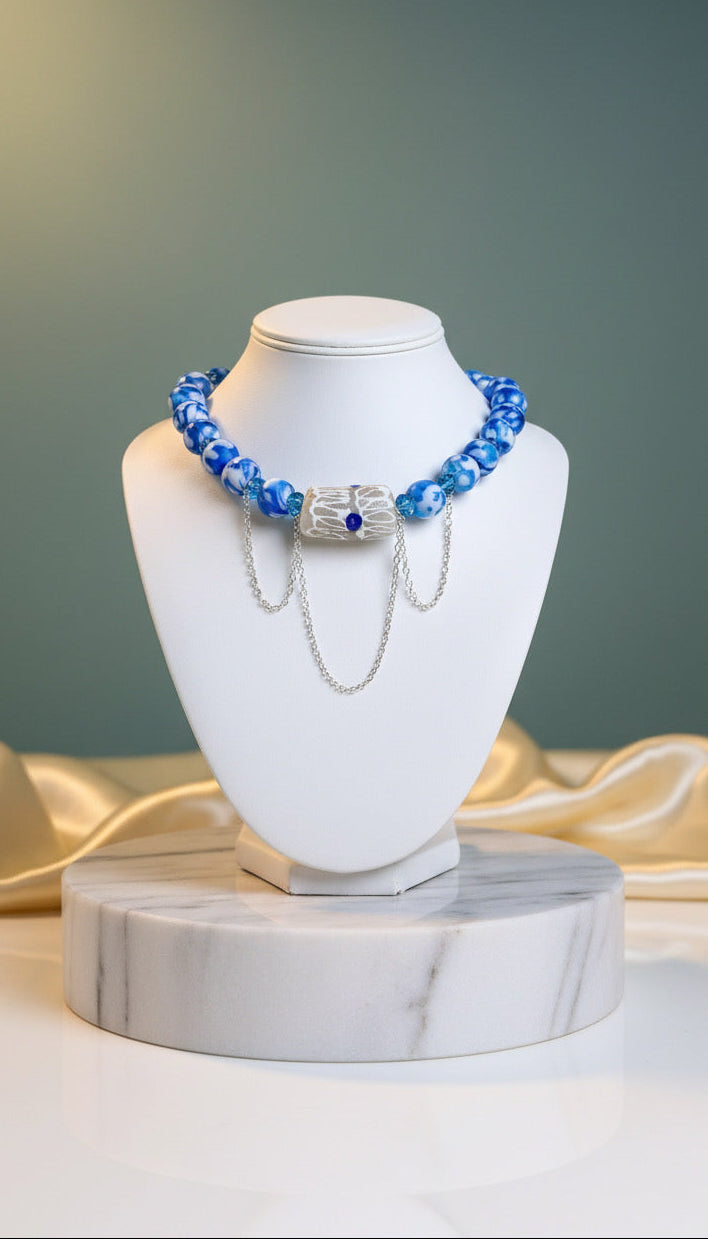 Royal Azur" One-of-a-Kind Krobo Bead Statement Necklace with Draping Chains