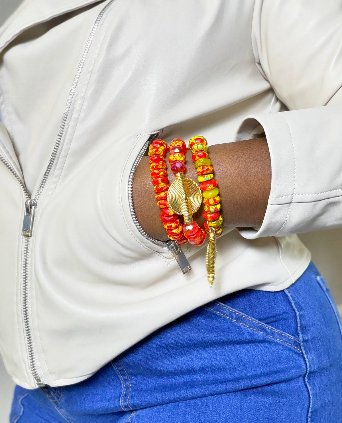 Red, yellow gold Krobo beads handmade bracelet set.