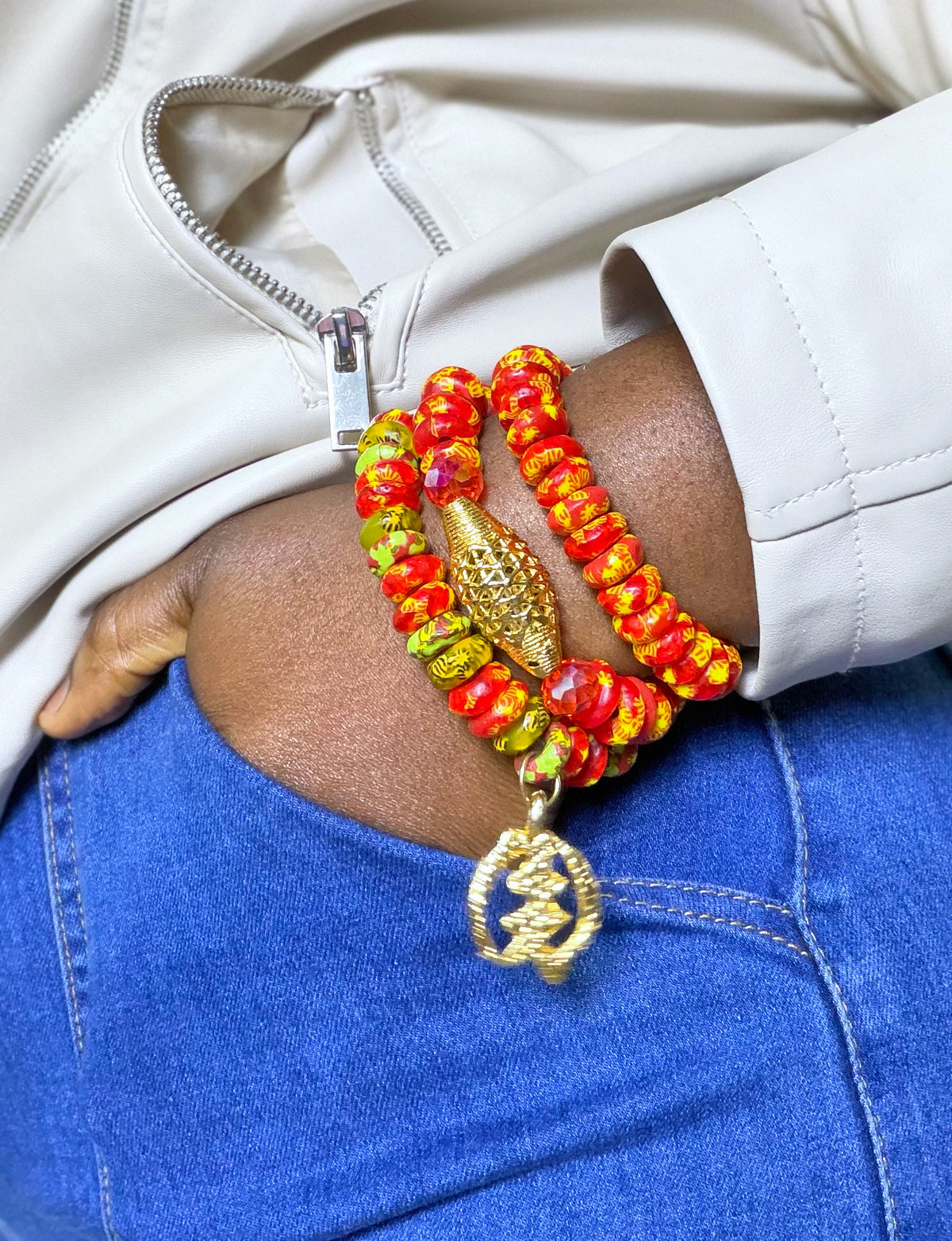 Red, yellow gold Krobo beads handmade bracelet set
