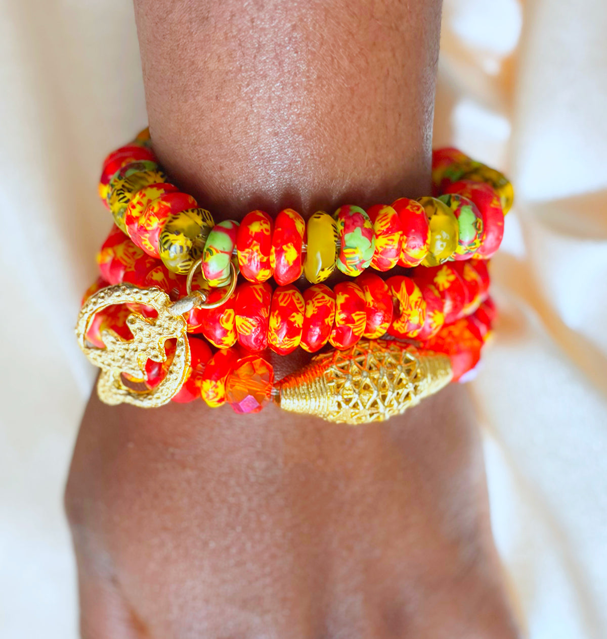 Red, yellow gold Krobo beads handmade bracelet set.
